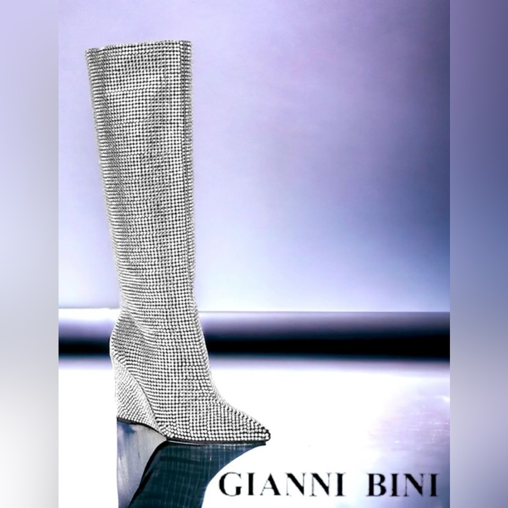 NWT Gianni Bini GaborTwo Rhinestone Pointed Toe Tall Wedge Boots Size 8
